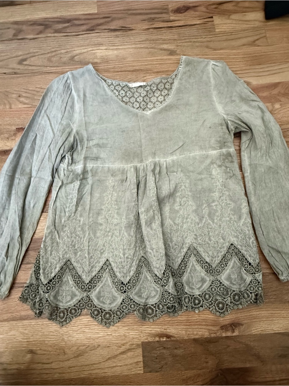 Altar'd State Sage Green Lace-Trim Peasant Blouse